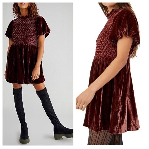 NWT Free People Gum Drop Velvet Dress Mini Smocked Maroon Chocolate Brown XS - Picture 3 of 9